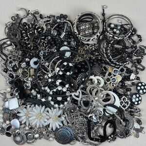 Craft Jewelry Lot - 4 lbs Black White Silver Tone Variety - Bead Pendant Bangle